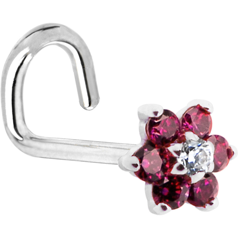 Solid 14K White Gold Red and Clear Cubic Zirconia Flower Nose Ring