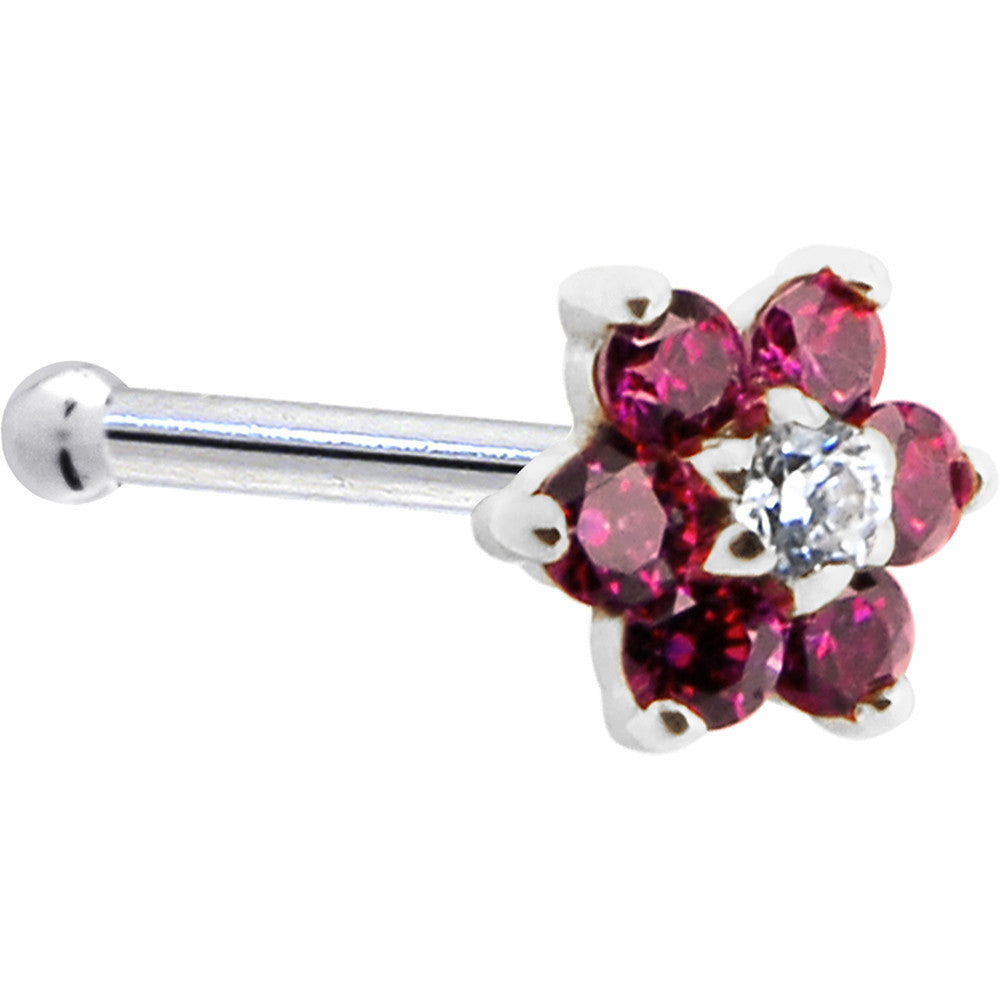 Solid 14K White Gold Red and Clear Cubic Zirconia Flower Nose Ring