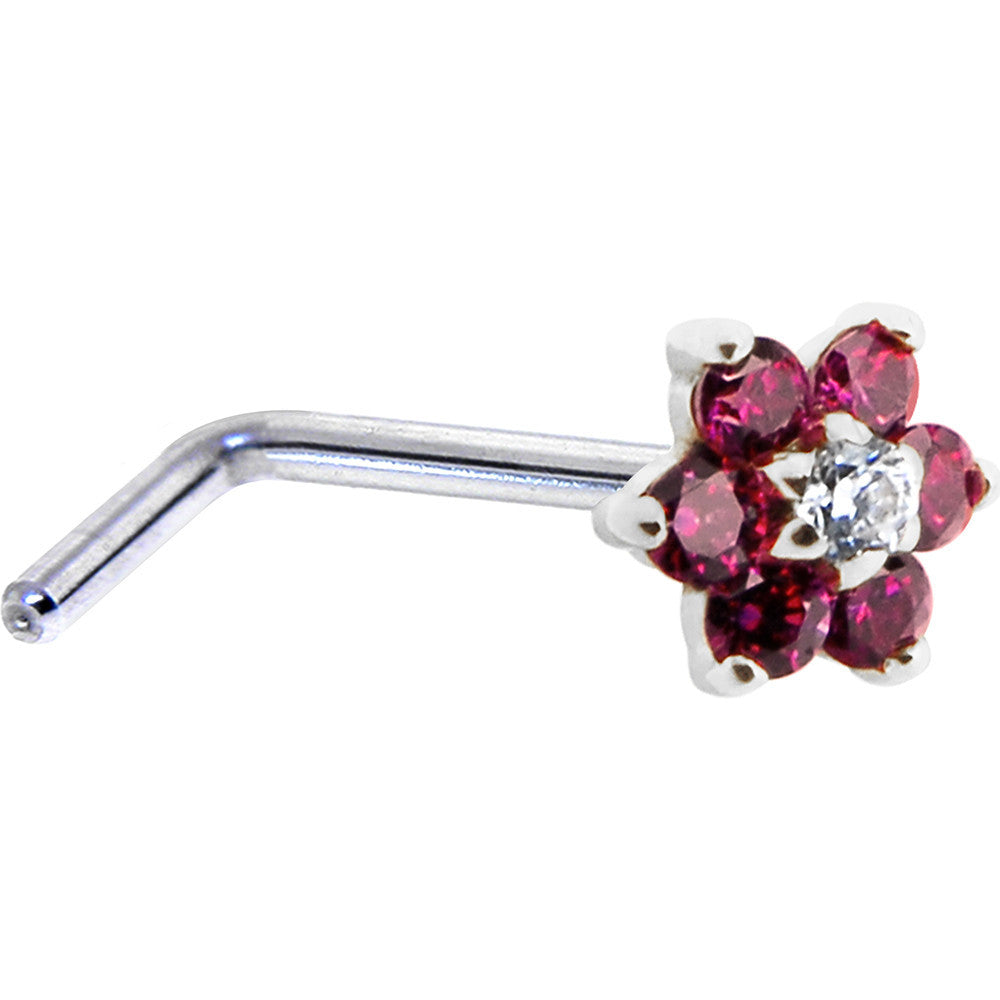 Solid 14K White Gold Red and Clear Cubic Zirconia Flower Nose Ring
