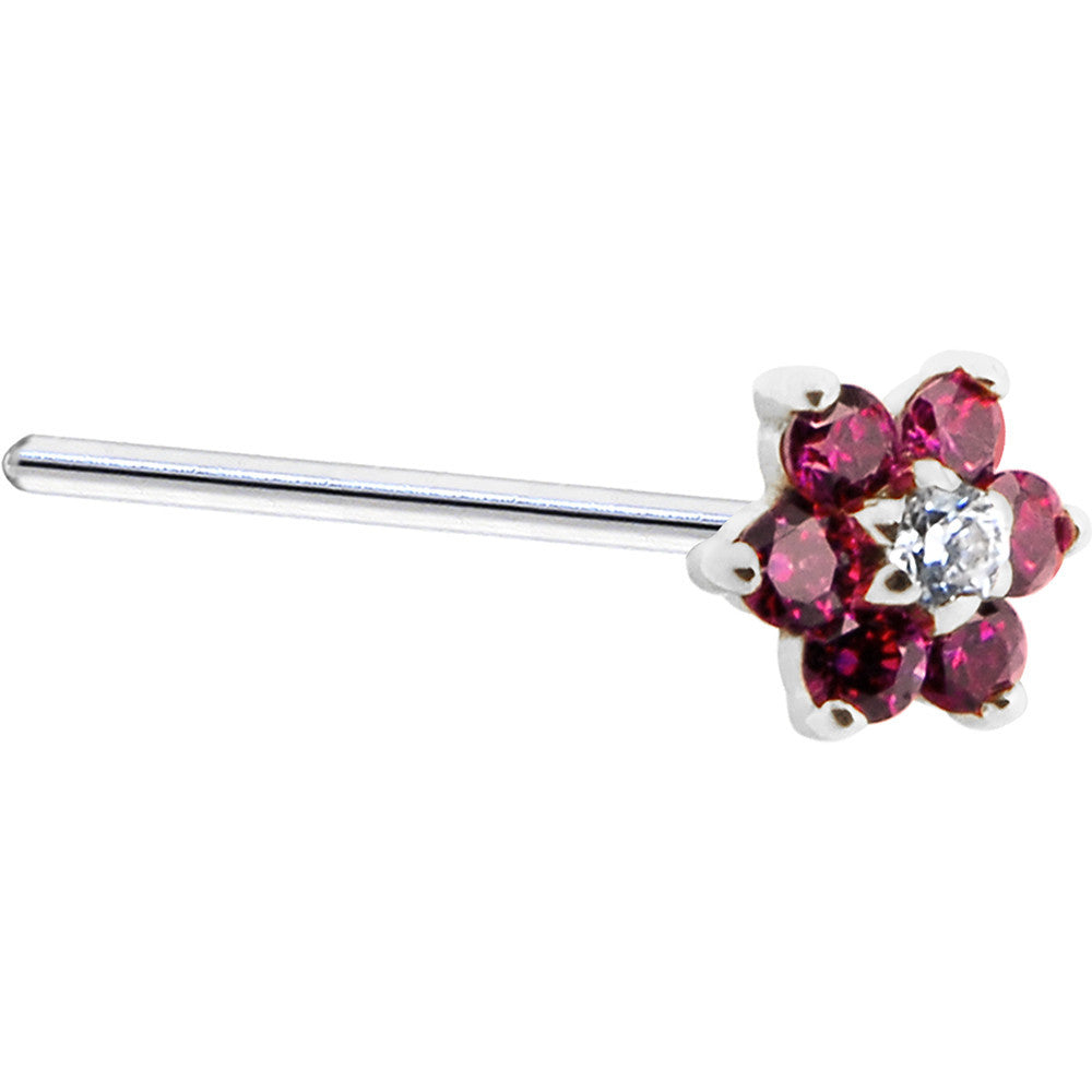 Solid 14K White Gold Red and Clear Cubic Zirconia Flower Nose Ring