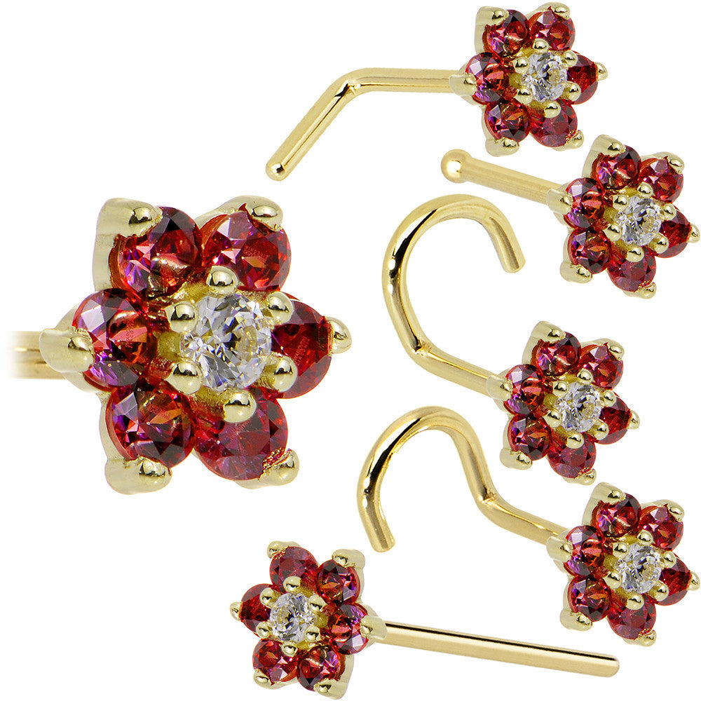 Solid 14K Yellow Gold Red and Clear Cubic Zirconia Flower Nose Ring