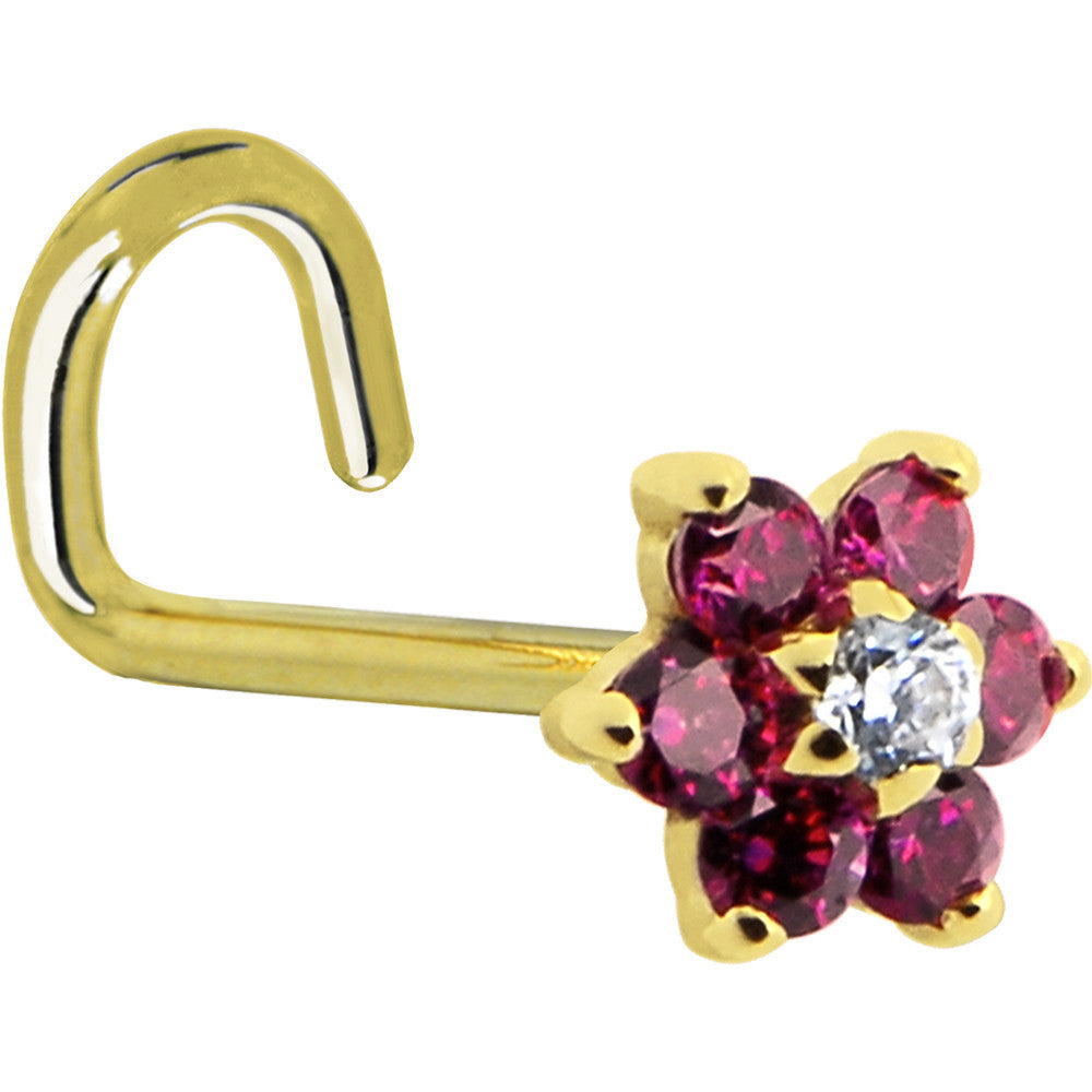 Solid 14K Yellow Gold Red and Clear Cubic Zirconia Flower Nose Ring