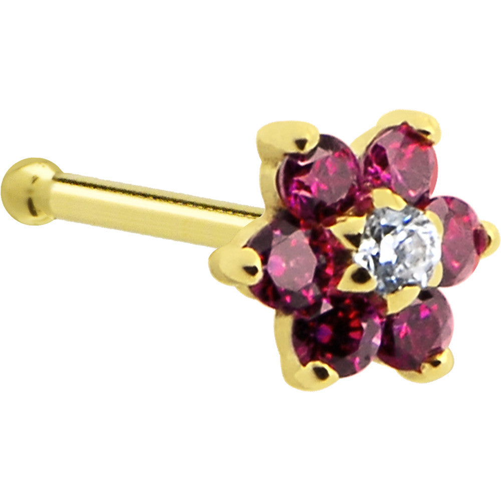 Solid 14K Yellow Gold Red and Clear Cubic Zirconia Flower Nose Ring