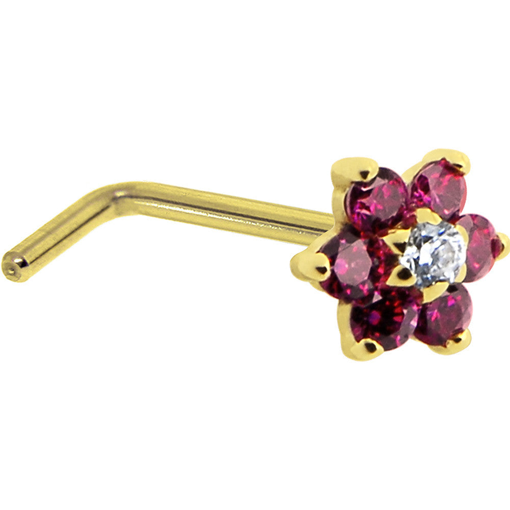 Solid 14K Yellow Gold Red and Clear Cubic Zirconia Flower Nose Ring