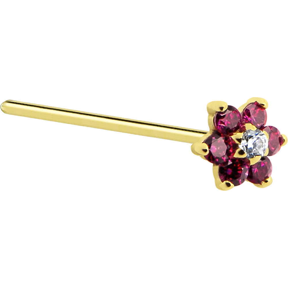 Solid 14K Yellow Gold Red and Clear Cubic Zirconia Flower Nose Ring