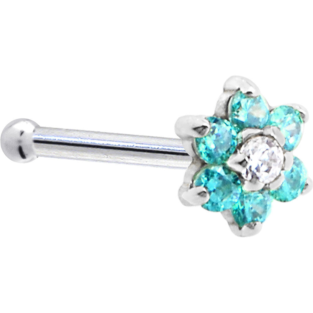 Solid 14K White Gold Mint Green and Clear Cubic Zirconia Flower Nose Ring