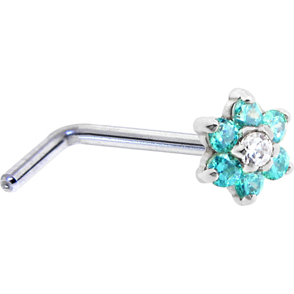 Solid 14K White Gold Mint Green and Clear Cubic Zirconia Flower Nose Ring