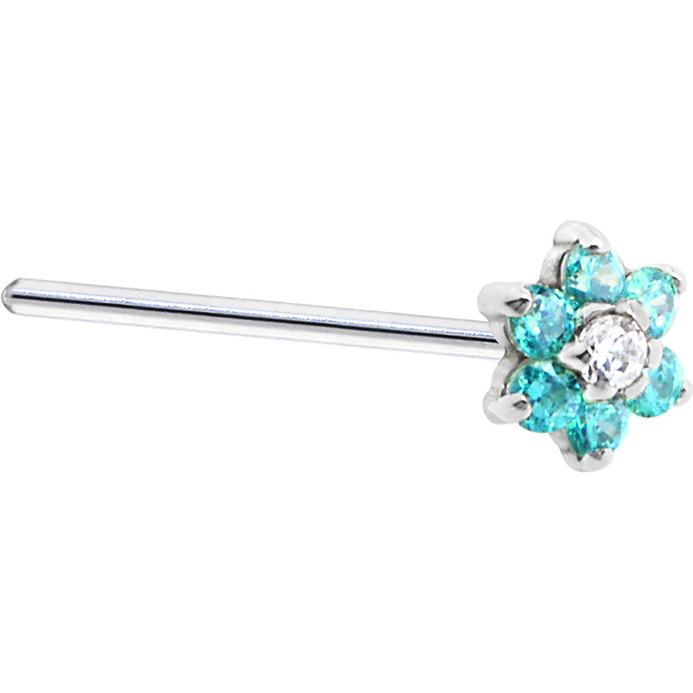 Solid 14K White Gold Mint Green and Clear Cubic Zirconia Flower Nose Ring