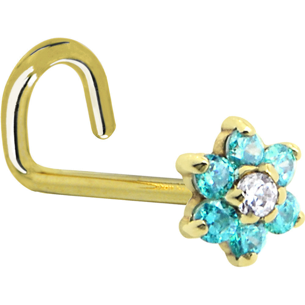 Solid 14K Yellow Gold Mint Green and Clear Cubic Zirconia Flower Nose Ring