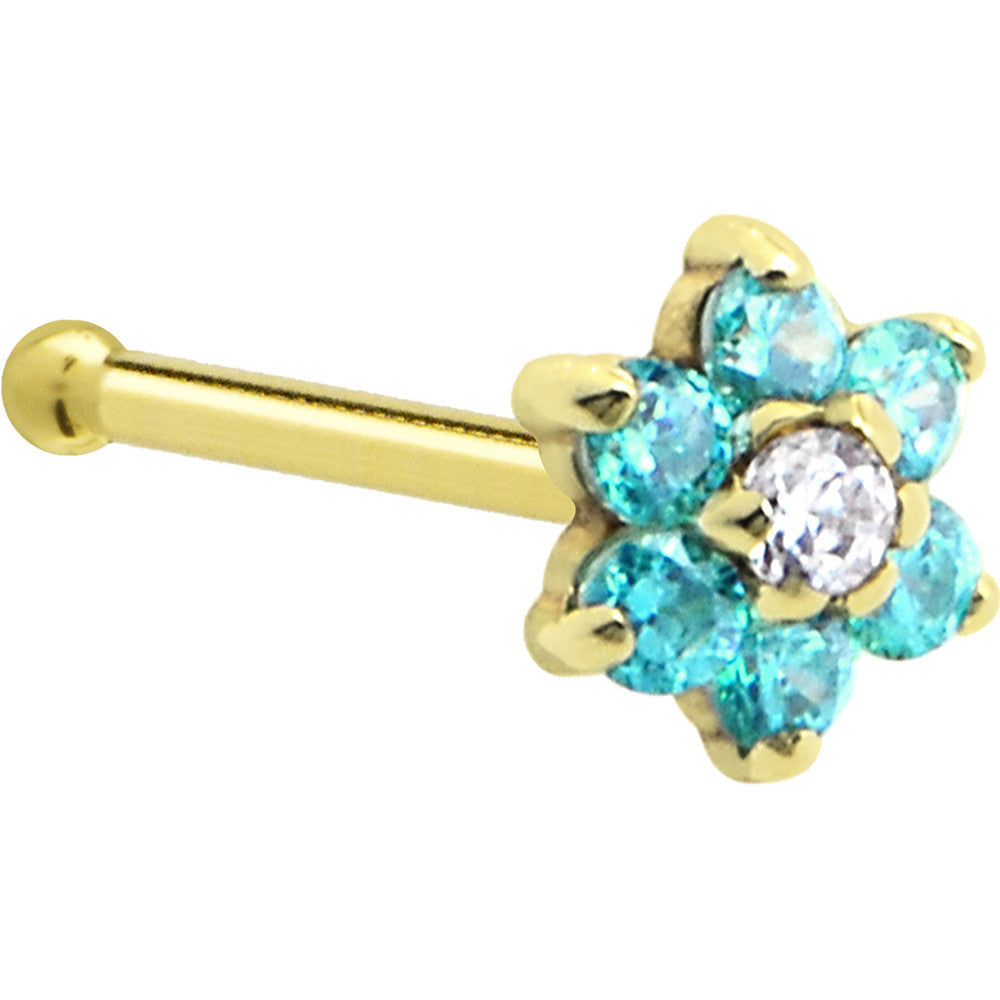 Solid 14K Yellow Gold Mint Green and Clear Cubic Zirconia Flower Nose Ring