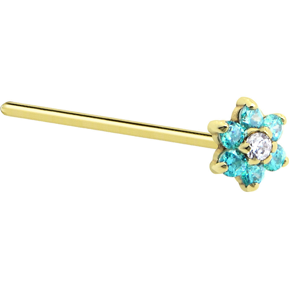 Solid 14K Yellow Gold Mint Green and Clear Cubic Zirconia Flower Nose Ring