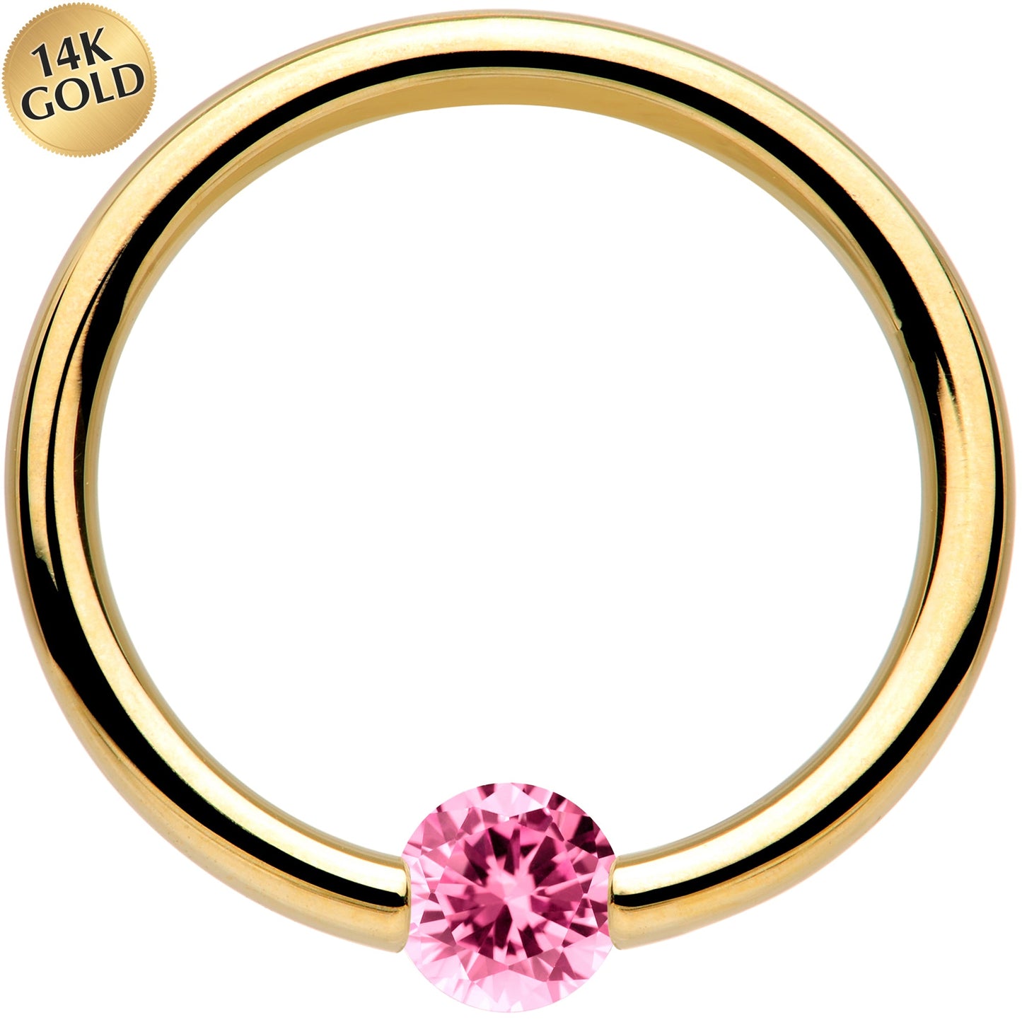 16G 3/8 Solid 14k Yellow Gold 3mm Pink Cubic Zirconia Tension Captive Ring