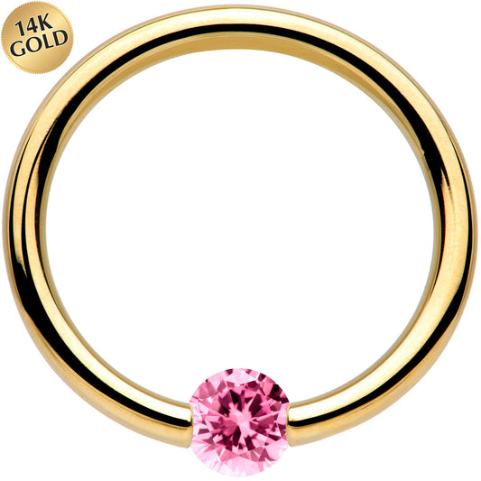 16G 3/8 Solid 14k Yellow Gold 3mm Pink Cubic Zirconia Tension Captive Ring