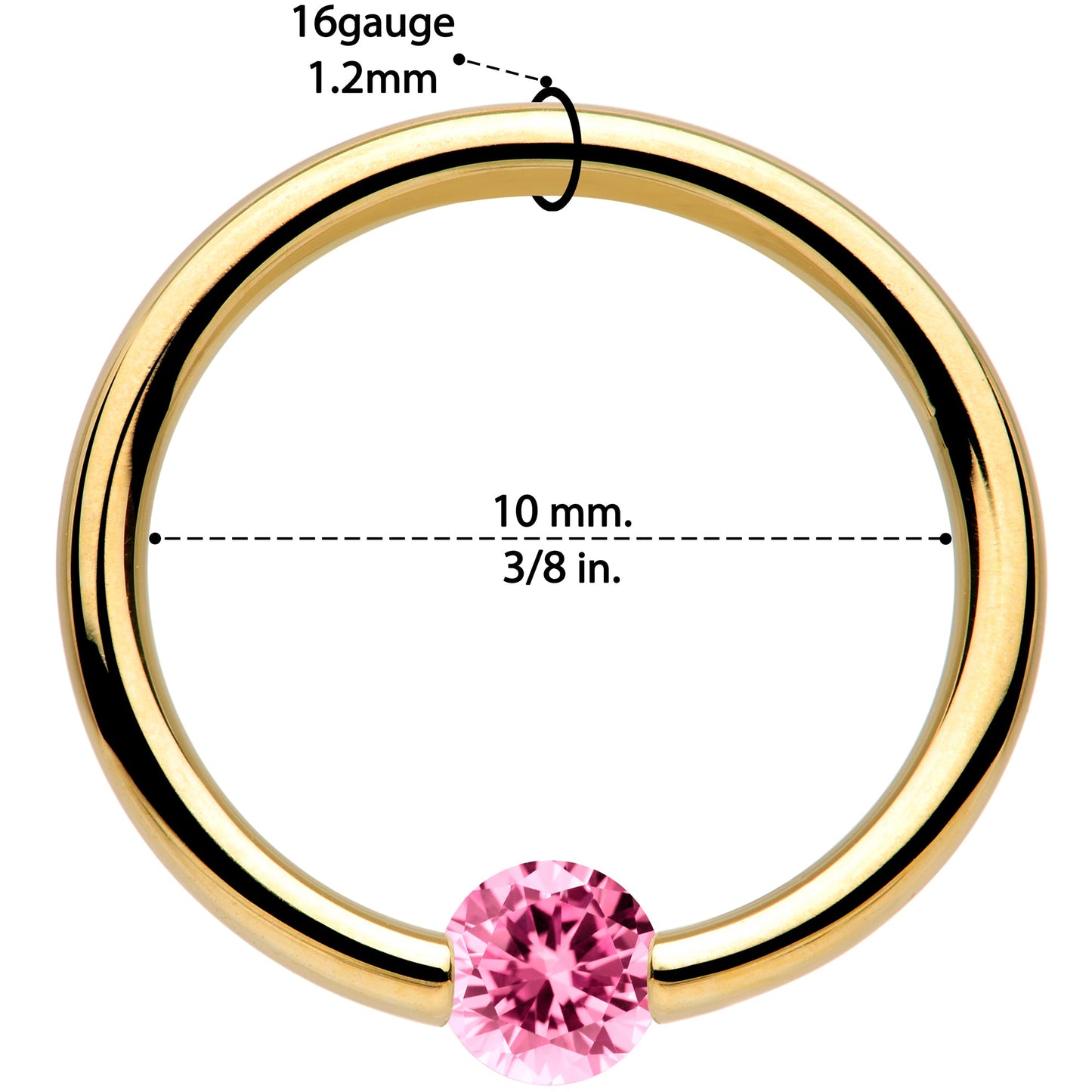 16G 3/8 Solid 14k Yellow Gold 3mm Pink Cubic Zirconia Tension Captive Ring