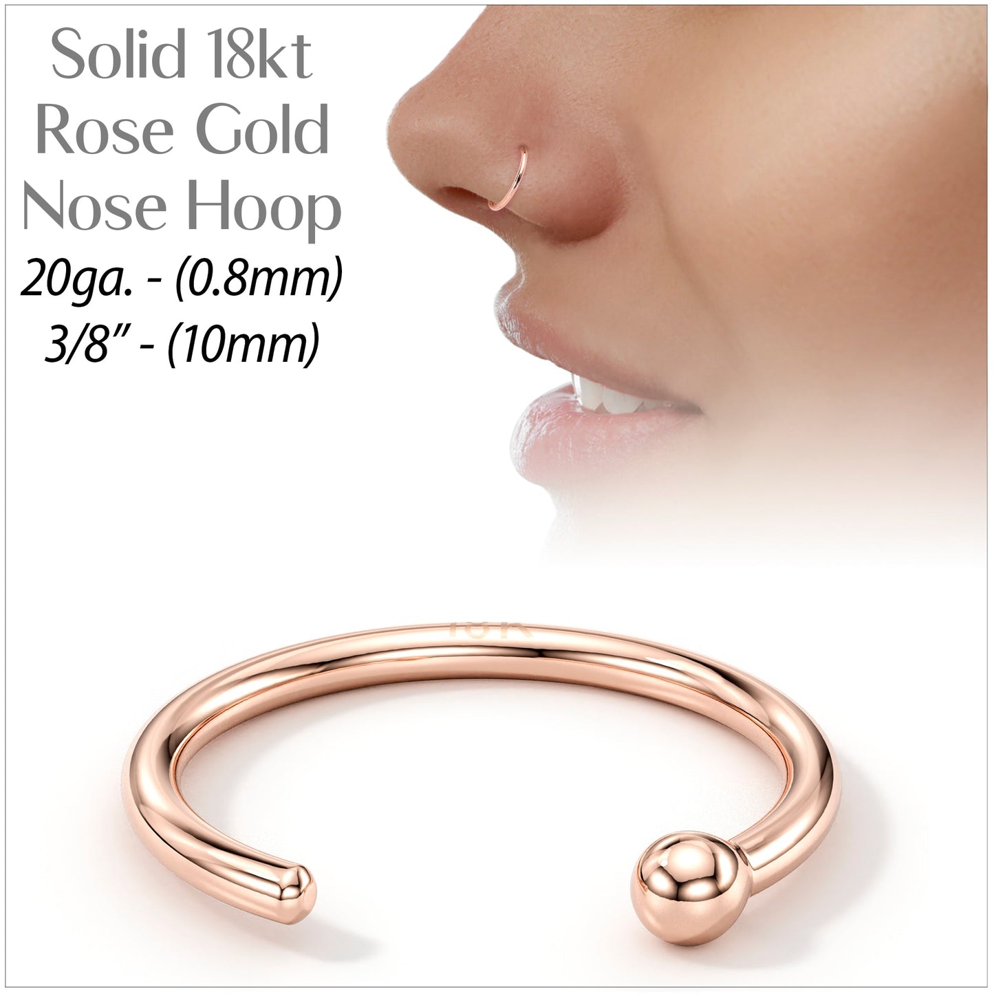 20G 3/8 Solid 18K Rose Gold Nose Hoop
