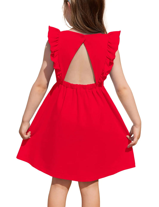 Arshiner Girls 5t Dresses Ruffle Sleeve Dress for Girls Summer Baby Girl Backless Dresses Red Dress for Girls Girls Size 6 Dresses Red Beach Dresses for Kids