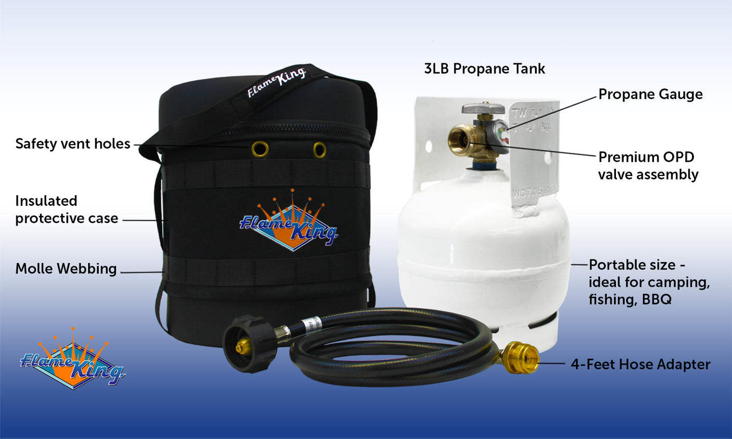 Flame King Propane Gas Hauler Kit 3lb Empty Propane Tank, Adapter Hose and Insulated Protective Carry Case