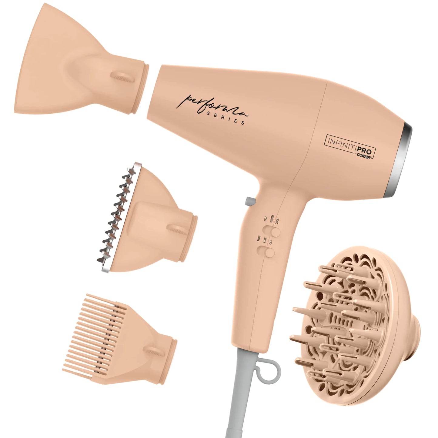 Conair Infiniti Pro Hair Dryer with Diffuser plus 3 Other Attachments | Performa Series Hair Dryer | Blow Dryer with Professional Performance Motor | Blush Pink