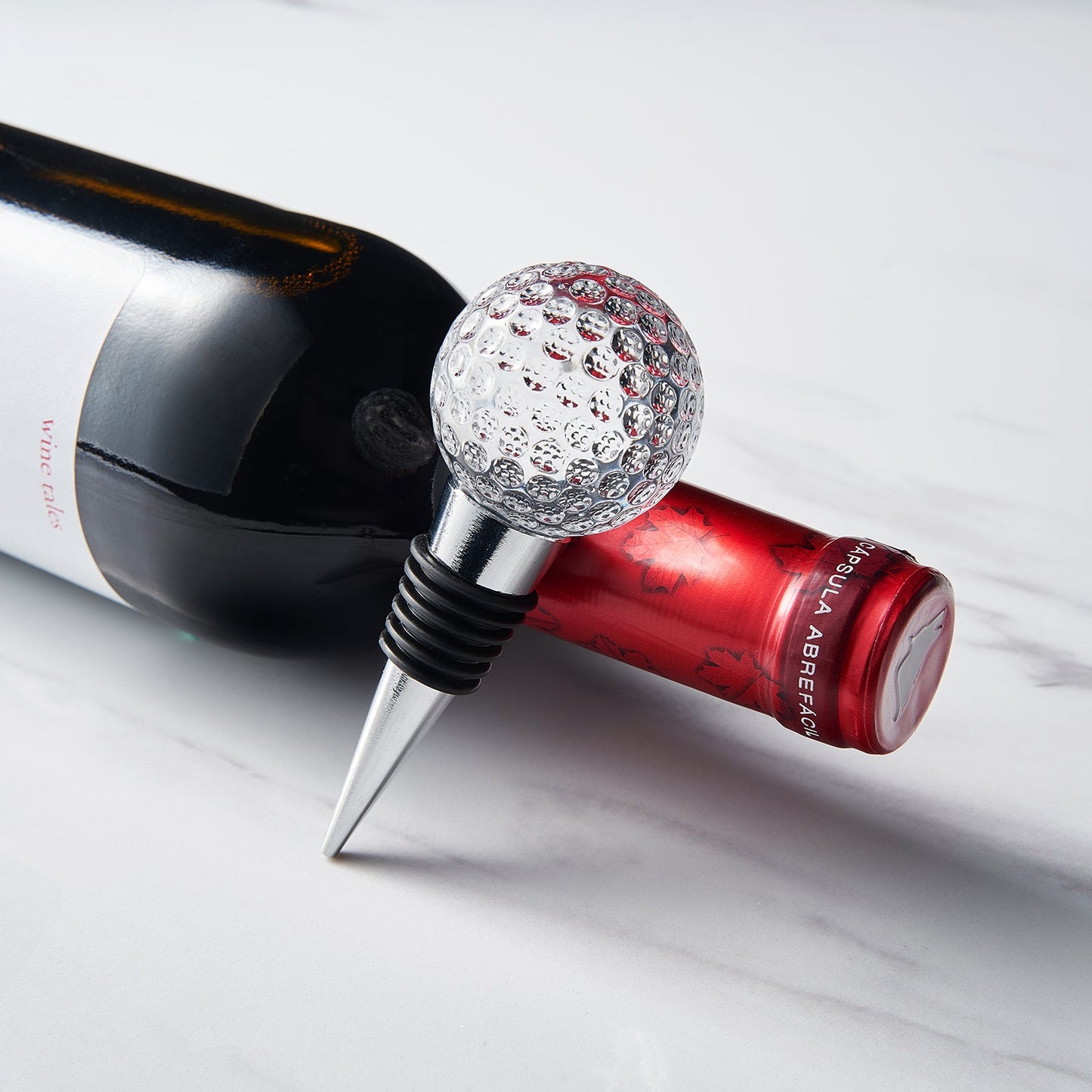 Golf Ball Wine & Champagne Bottle Stopper - Mouth-Blown Lead-Free Clear Glass Stopper, Novelty Glassware Beverage Cork, Wine Top Decoration, Gift for Red or White Wine & Golf Lover Alike 3.8"L