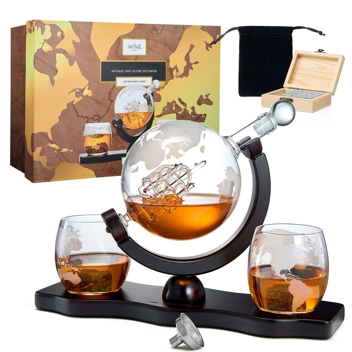 Whiskey Decanter Globe Set with 2 Etched Whiskey Glasses - for Liquor Scotch Bourbon Vodka, Gifts For Men - 850ml