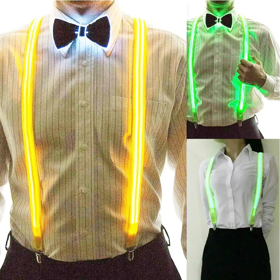 Glowing yellow and green suspenders with a bow tie on a person wearing a striped shirt.
