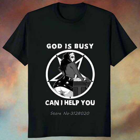"God Is Busy, Can I Help You?" Unholy Nun Graphic T-Shirt – Edgy Satanic Humor Tee for Rebels, Heretics & Hipster Heathens | Lizard Vigilante Exclusive - Premium  from Lizard Vigilante - Just $27.99! Shop now at Lizard Vigilante