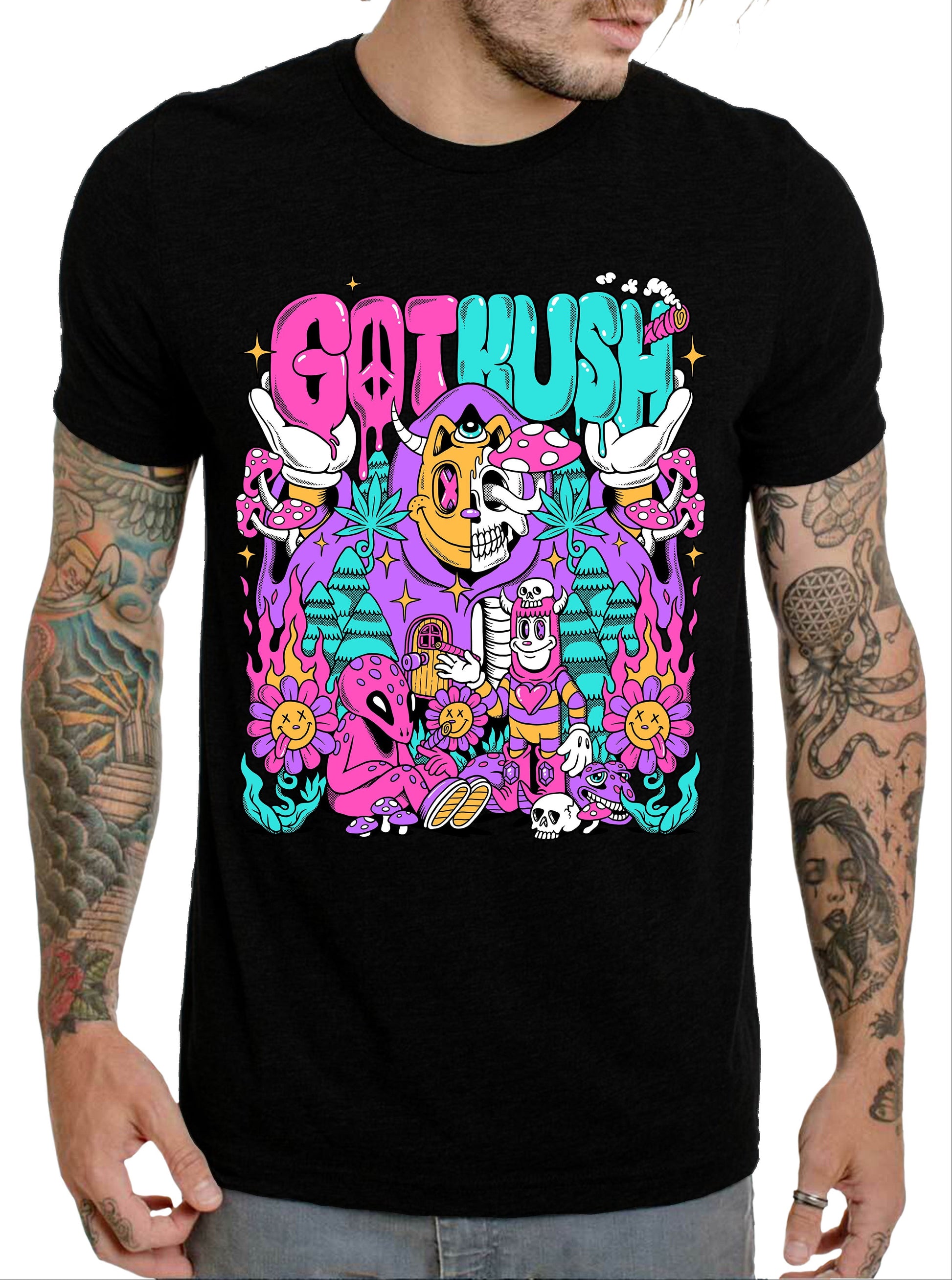 Black t-shirt with colorful graphic design featuring text and cartoon-like characters on a white background.