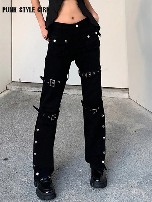 Gothic Bandage Women Baggy Jeans Punk Style Egirl Black Denim Trousers Y2K Dark Academia Hight Waist Streetwear Pants - Premium  from Lizard Vigilante - Just $89.99! Shop now at Lizard Vigilante