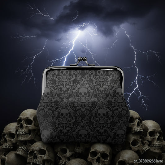 Gothic Black Skull Damask Women Leather Coin Purse Small Change Pouch with Kiss-Lock Clasp Closure Buckle Wallet for Girl Gift - Premium  from Lizard Vigilante - Just $26.99! Shop now at Lizard Vigilante