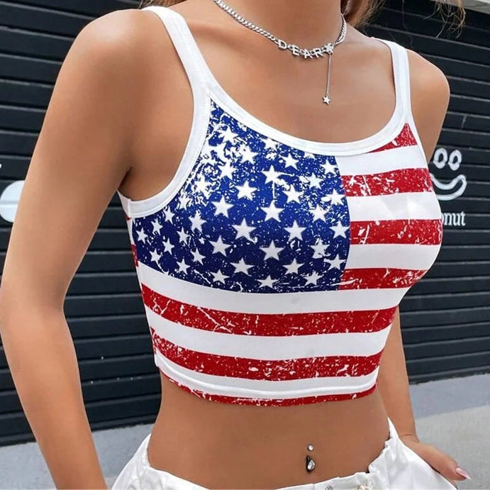 Gothic Punk New 2024 USA Flag Crop Top Sexy Backless Tank Slim Women's Mini Vest Summer Y2k Clothes Short White Camisole E-girls - Premium  from Lizard Vigilante - Just $16.99! Shop now at Lizard Vigilante