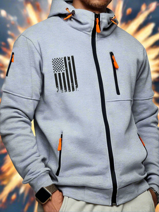Gray hoodie with American flag design and orange accents on a white background