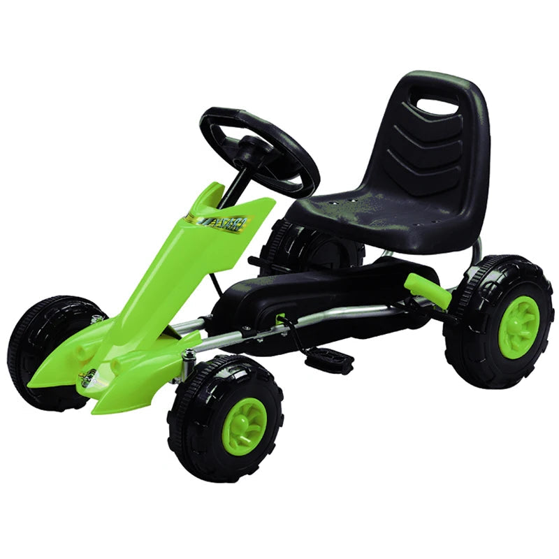 Toy pedal go-kart with green and black design on a white background