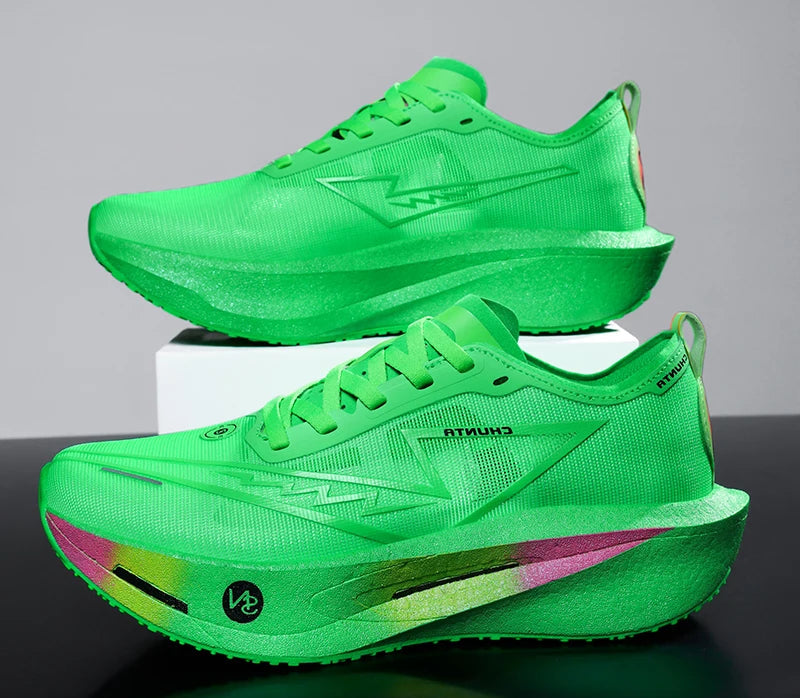 Green athletic shoes with a promotional banner at the bottom