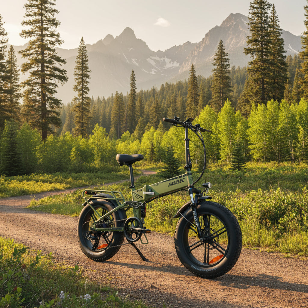 Green electric bike with 'PASELEC' branding on a white background

