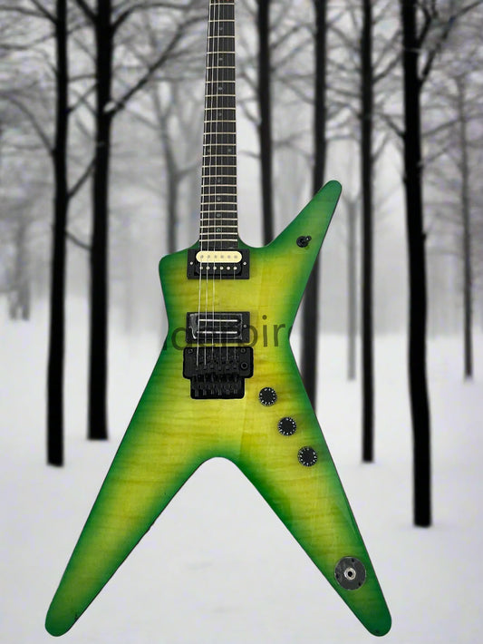 Green electric guitar on a cardboard box with a concrete floor background