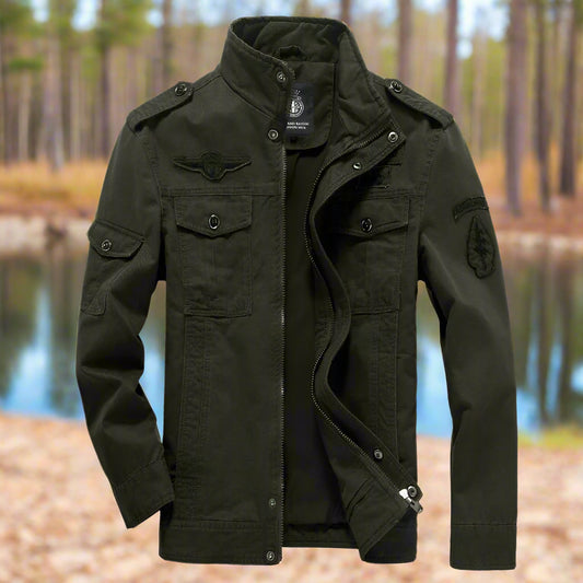 Green jacket with multiple pockets and buttons on a white background, featuring the brand 'OULYLAN'.