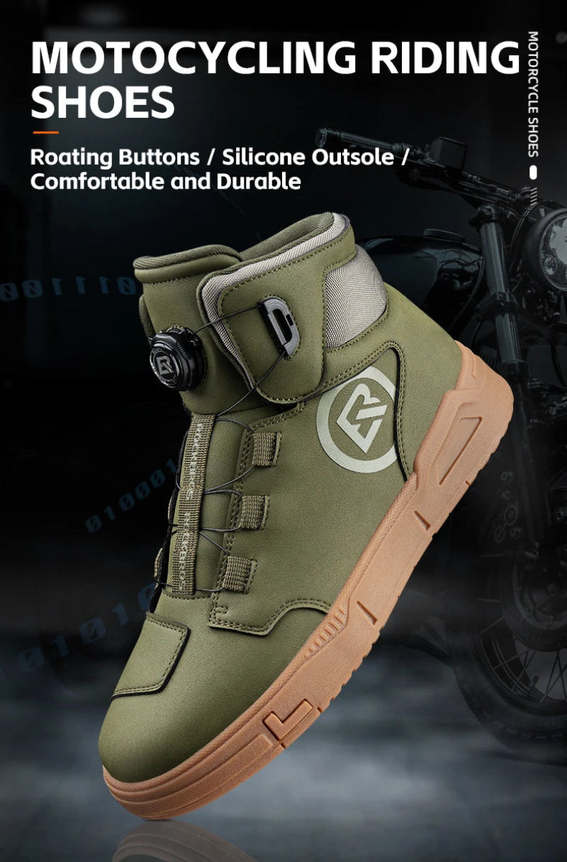 Green motocycling riding shoe with brown sole on a dark background