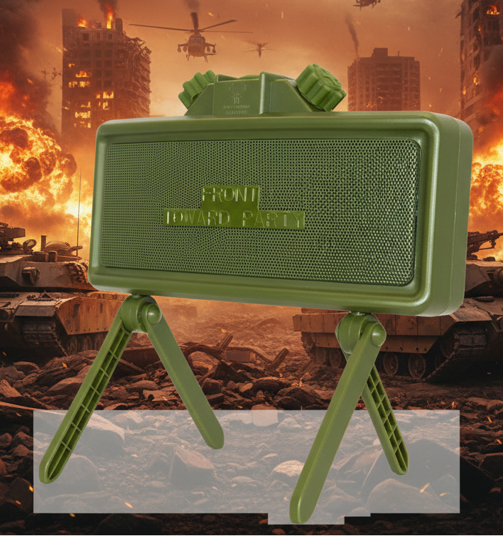 Green portable speaker with tripod stand on a white background