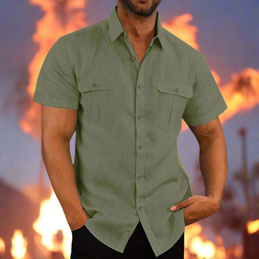 Green short-sleeve shirt worn by a person on a white background