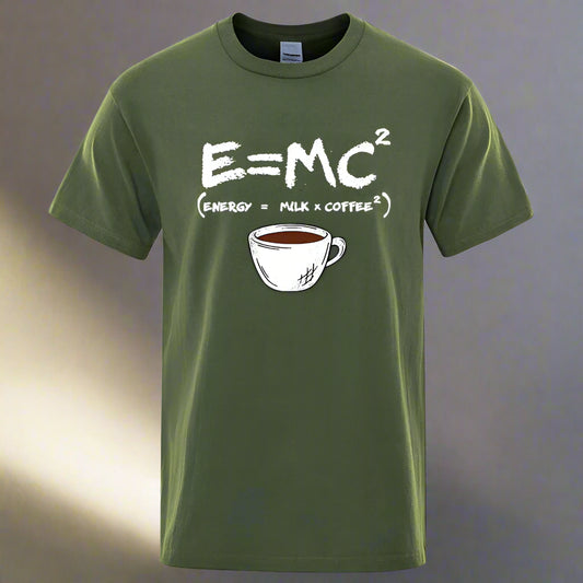 Green t-shirt with a humorous scientific coffee equation design on a white background