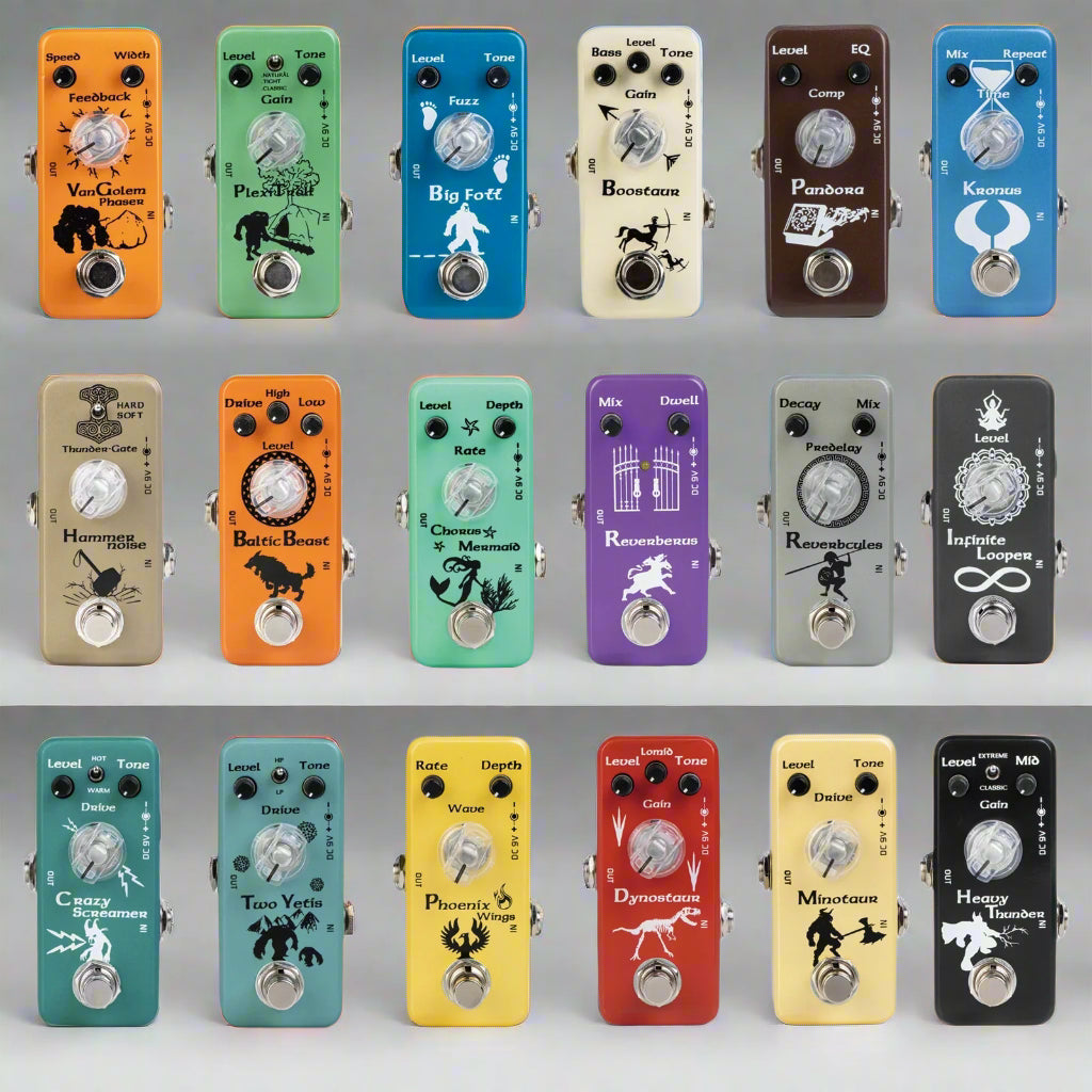 Grid of various colorful guitar effect pedals on a white background
