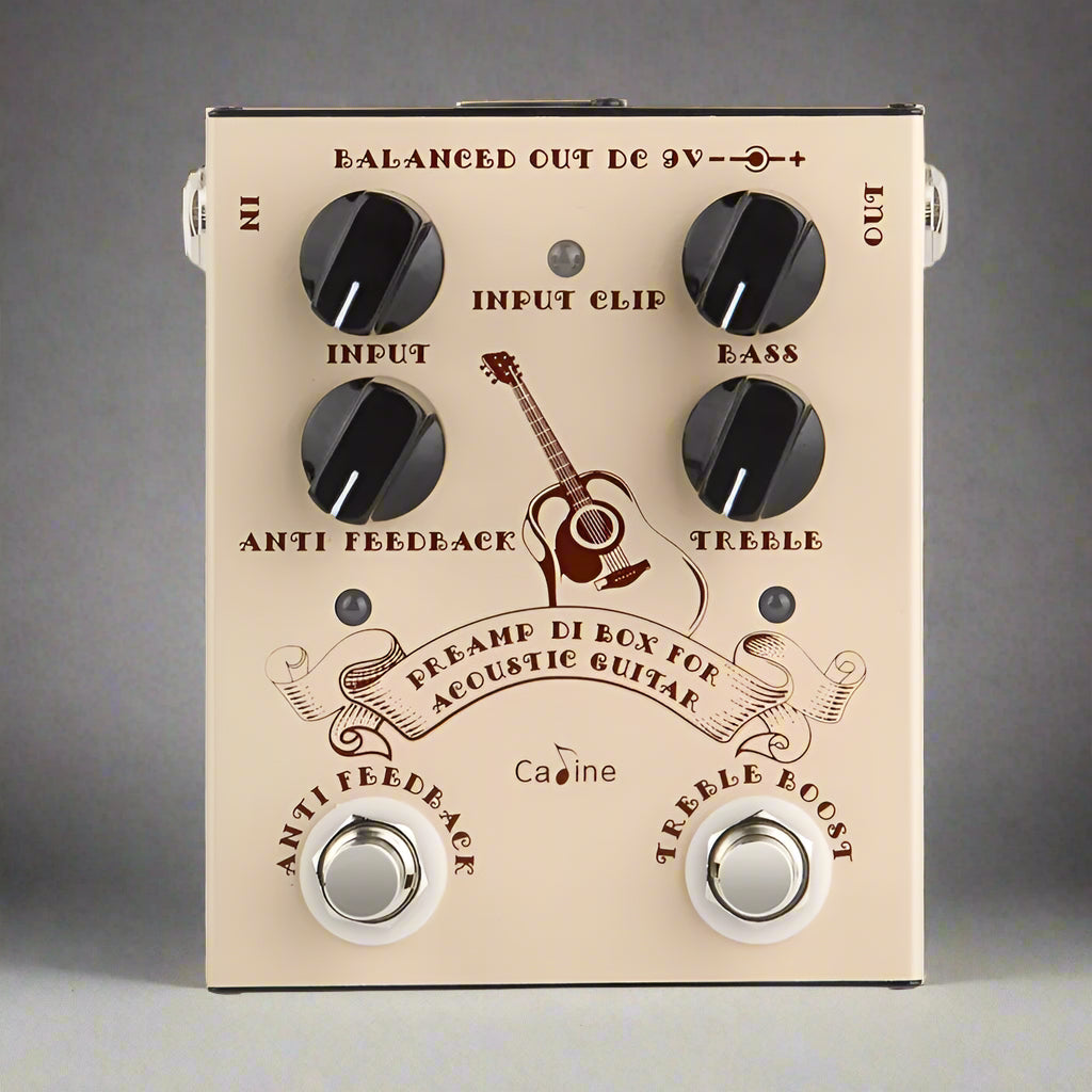 Guitar effects pedal with control knobs and branding on a beige background