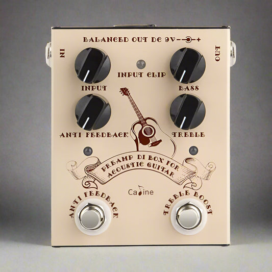Guitar effects pedal with control knobs and branding on a beige background