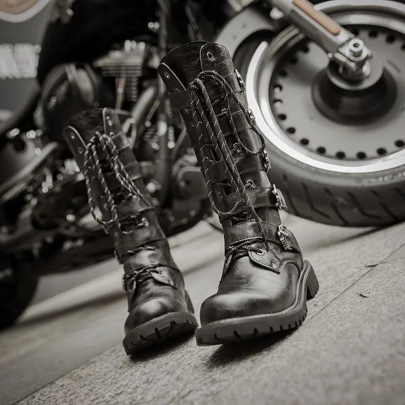 Large Size 38-46 Men's Leather Motorcycle Boots Mid-calf Military Combat Boots Gothic Belt Punk Boots Men Shoes Rock Punk Shoes - Lizard Vigilante