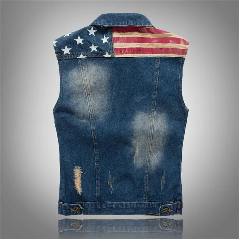 Sleeveless Jean Jacket Men Plus Size 5XL Dark Blue Denim Jeans Vest Cotton Lining Men Cowboy Vest - Lizard Vigilante