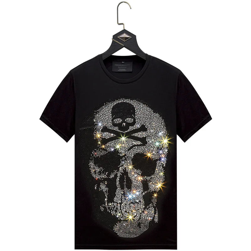 Skulls, Sparkles, and Summer Swagger – Men’s Plus Size Rhinestone Skull T-Shirt, Streetwear O-Neck Slim Fit - Premium tee from Lizard Vigilante - Just $48.88! Shop now at Lizard Vigilante