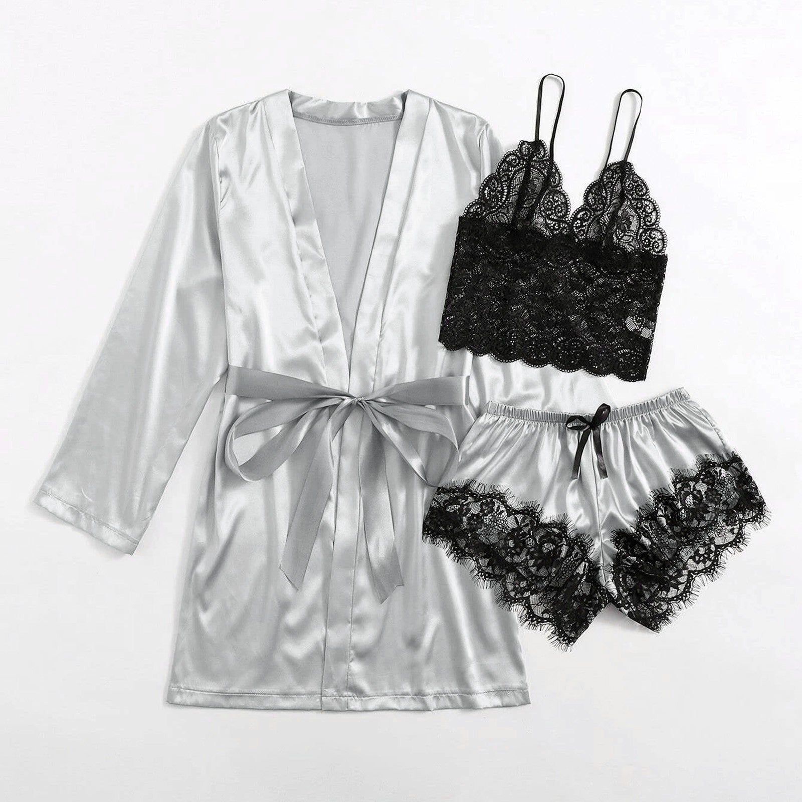 3-Piece Satin Silk Pajamas Set for Women – Sexy Lace Nightwear with Shorts, Robe, and Nightgown Sleepwear - Premium robe from Lizard Vigilante - Just $22.88! Shop now at Lizard Vigilante