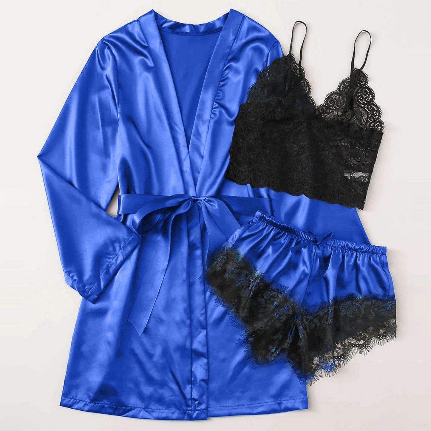 3-Piece Satin Silk Pajamas Set for Women – Sexy Lace Nightwear with Shorts, Robe, and Nightgown Sleepwear - Premium robe from Lizard Vigilante - Just $22.88! Shop now at Lizard Vigilante