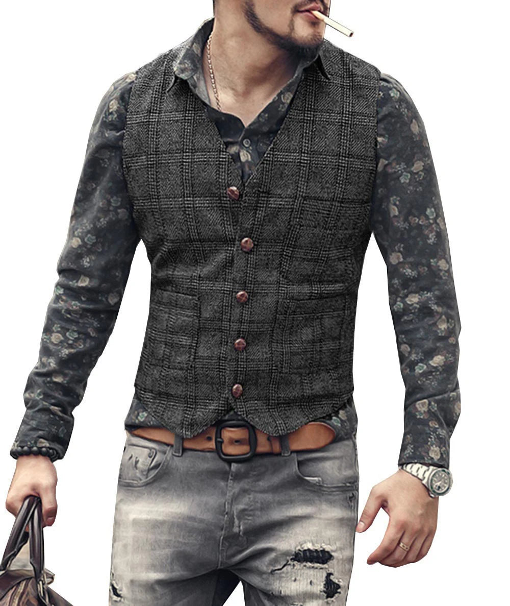 Men’s Vintage Tweed Plaid Vest – Classic Slim Fit Waistcoat for Weddings & Business - Premium vest from Lizard Vigilante - Just $42.88! Shop now at Lizard Vigilante