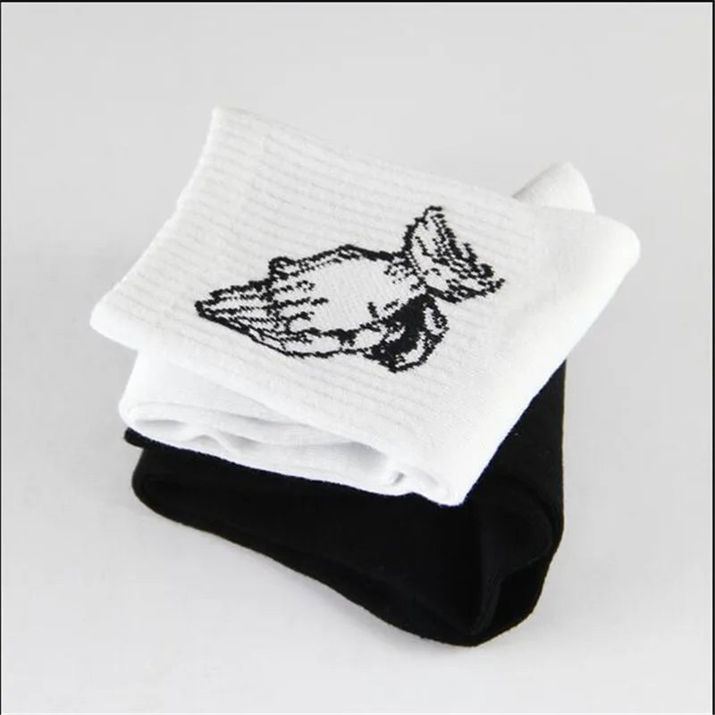 Fashion Skate Cotton Crew Socks of Virgin Mary Gesture Pattern for Men Women Hip Hop Funny Novelty  White Black Funky